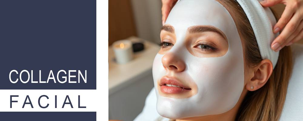 A close-up of a woman during a collagen facial, highlighting the application of nourishing skincare products.