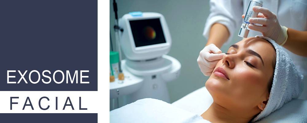 A woman experiencing an exosome facial, depicting a professional skincare procedure designed for facial enhancement and care.