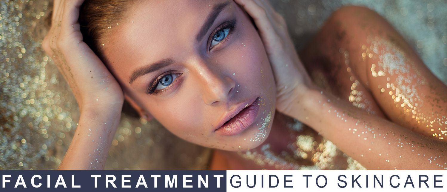 A woman relaxing on a gold surface, accompanied by the text "Facial Treatment Guide to Skin Care."