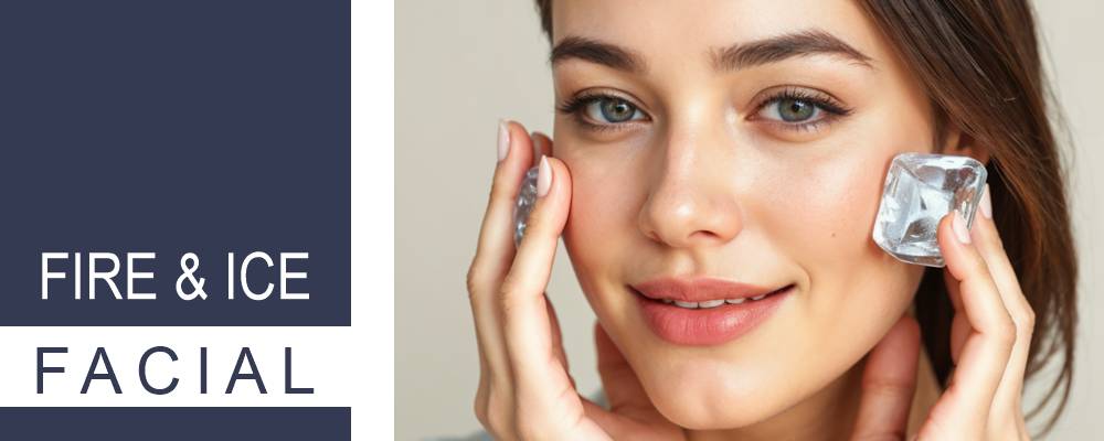 A woman holds ice cubes on her face representing a dual-action skincare experience fire and ice.