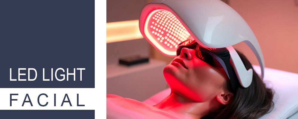 A woman experiencing LED light therapy, her face highlighted by a gentle red light, enhancing her skin's appearance and texture.