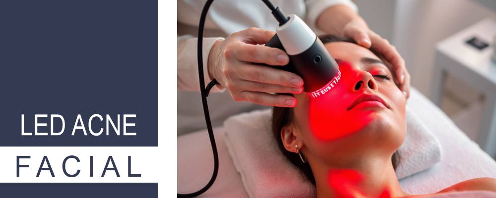 A woman undergoing a red light therapy session for acne treatment, showcasing the benefits of LED facial technology.