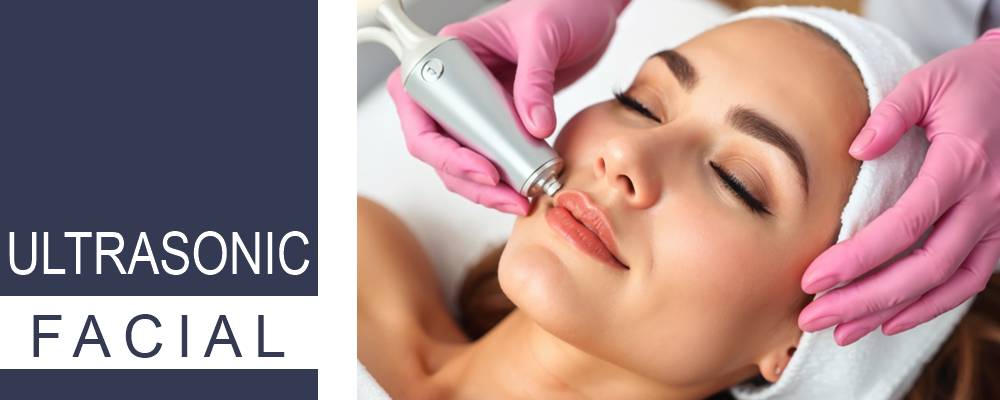 An ultrasonic facial treatment being performed, featuring a client relaxing as the device enhances their skincare routine.