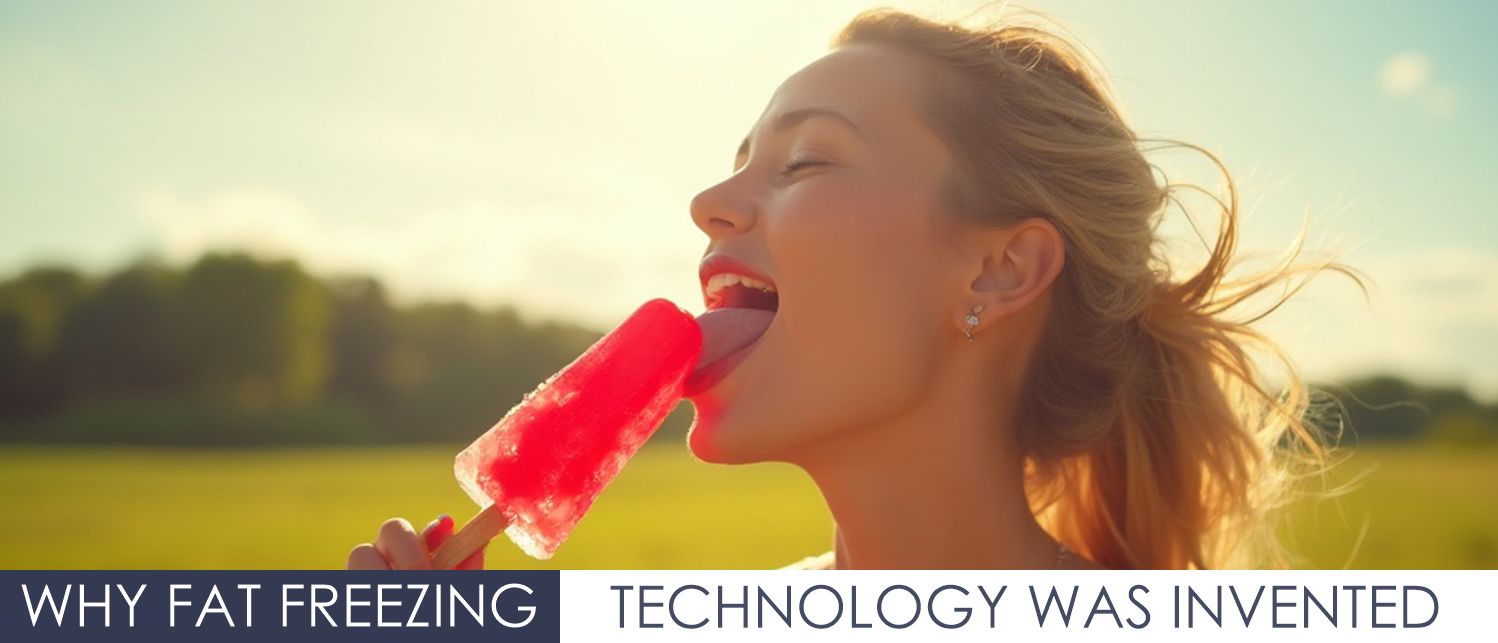 A woman with an ice lolly, illustrating the origins of fat freezing technology aimed at reducing stubborn fat.