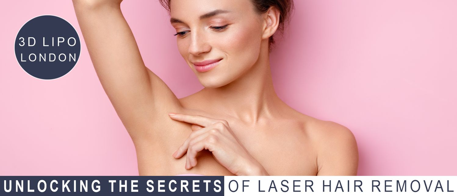 A woman raises her arms, showcasing confidence, with the phrase "Unlocking the Secrets of Laser Hair Removal" displayed.